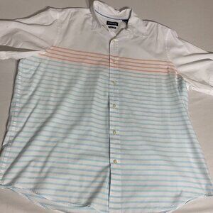 Chaps Mens White Button-Down Shirt With Orange & Blue Stripes XXL Easy Care Cott
